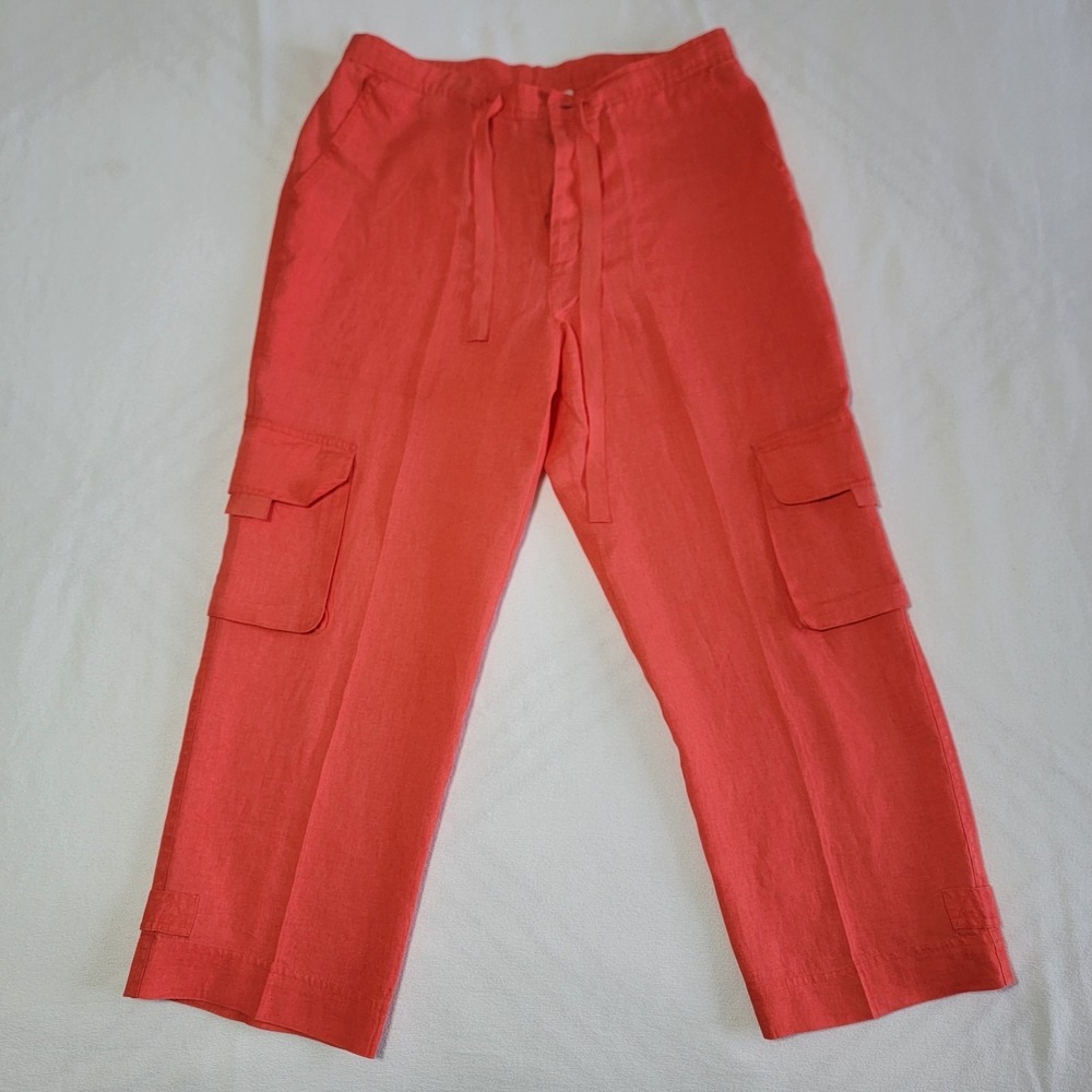 Debra deRoo Women's Pants 100% Linen Coral Red Cargo Style Size M-L